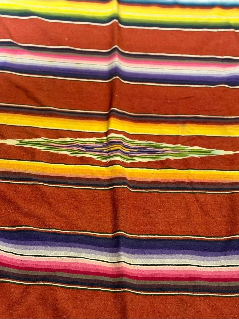 Vintage Handwoven Mexican Saltillo Serape Blanket Red Multi Striped 64x90